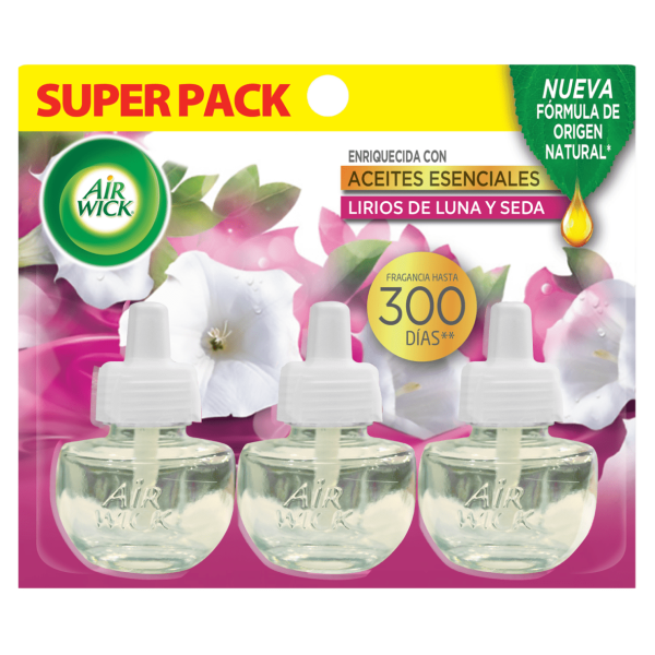 Repuesto Desodorante Ambiental Air Wick Eléctrico Lirios de Luna y Seda  3 Unidades 21 Ml.
