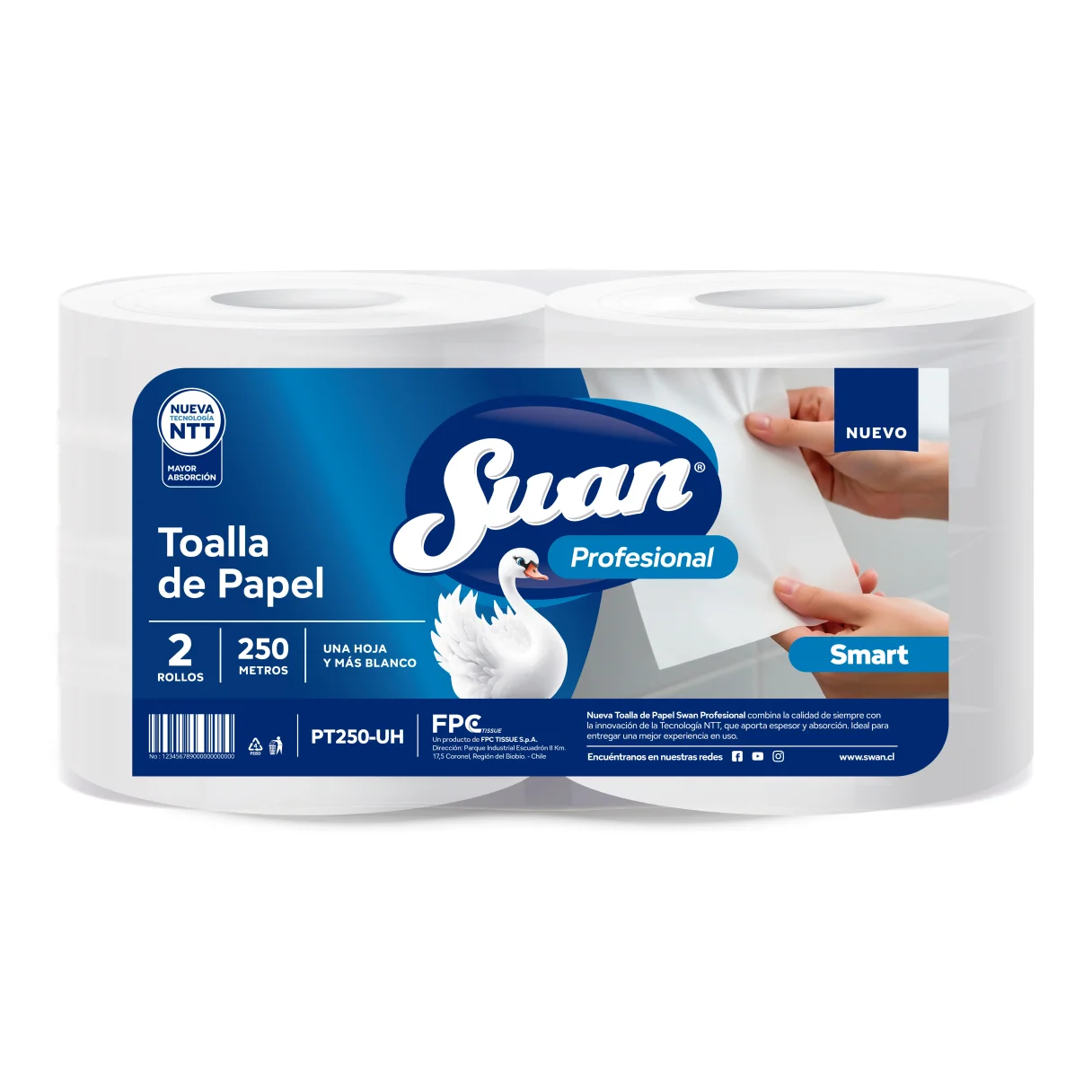 Toalla de Papel Swan Profesional Smart 2 Rollos 250 Mts Hoja Simple