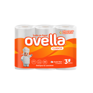 Toalla de Papel Ovella Clásica Doble Hoja 3 Rollos 11 m
