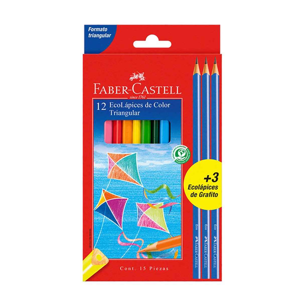 Lápices De Color Faber Castell Largo Triangular 12 + 3 Lápiz Grafito