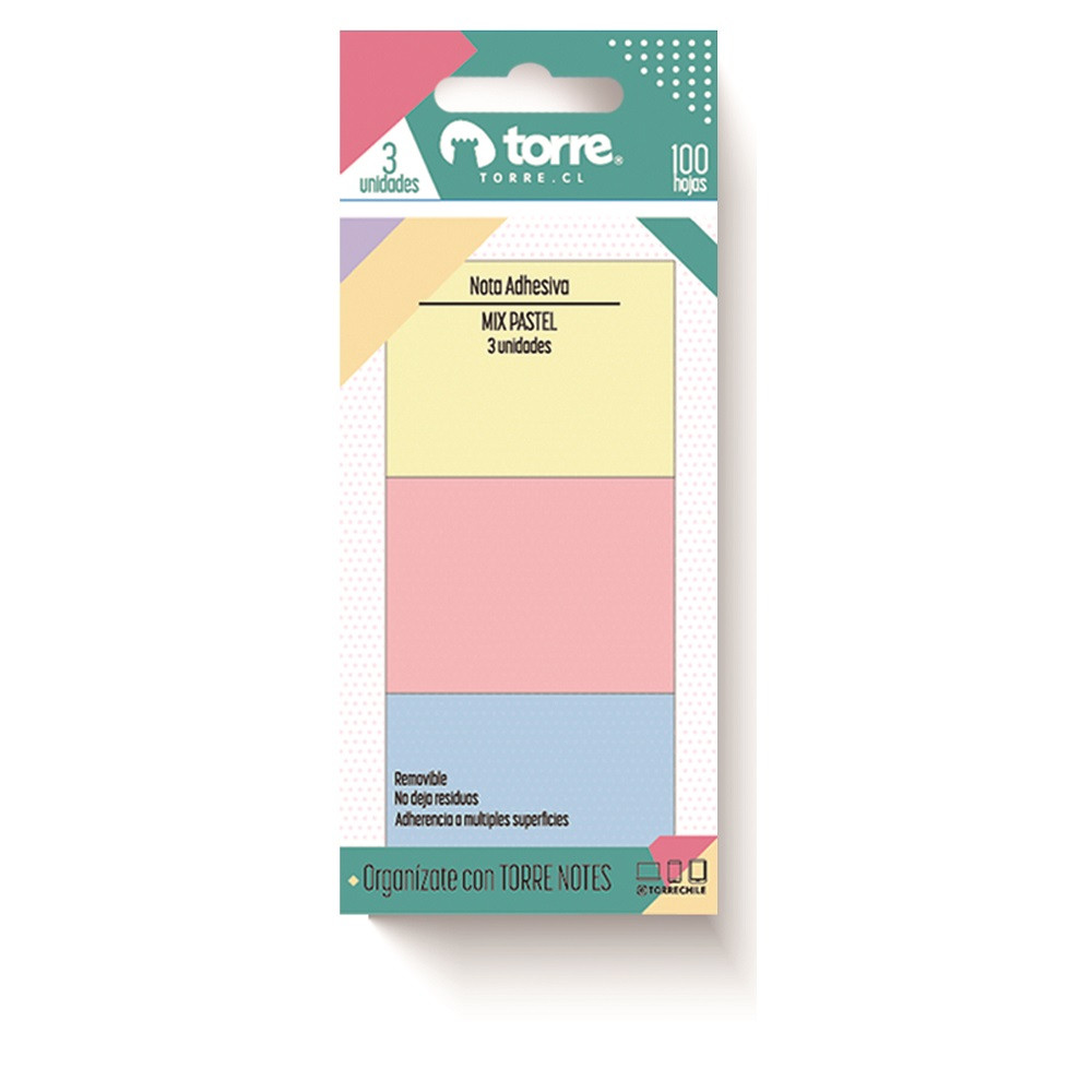 TACO NOTA MIX PASTEL 100 HOJAS BLISTER 3 UN TORRE