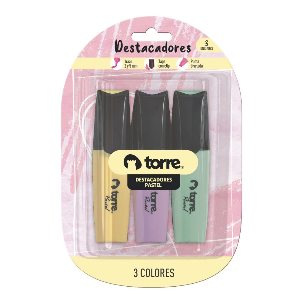 DESTACADOR ESCRITORIO 3 COLORES PASTEL PUNTA BISELADA TORRE