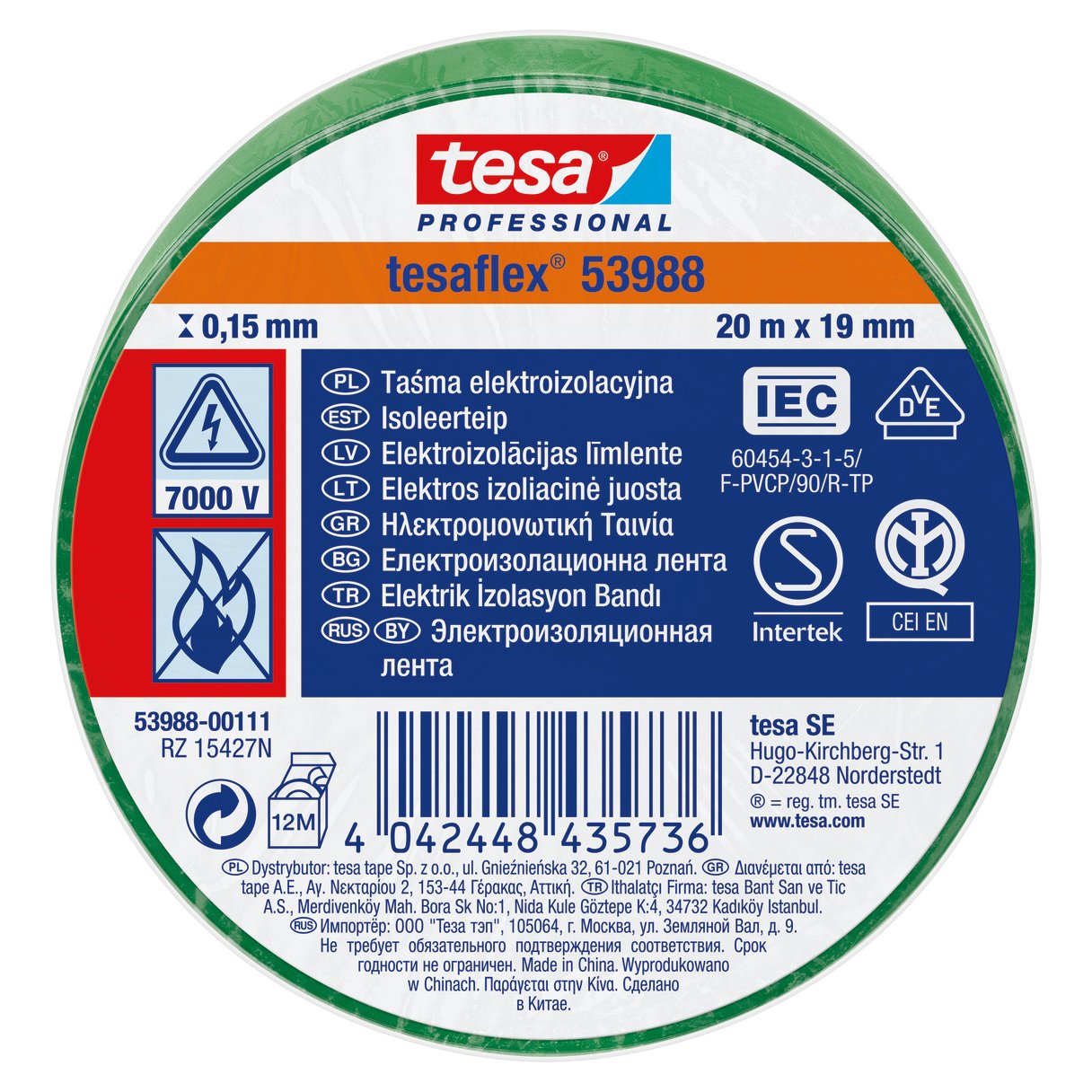 Cinta Aislante Tesa Tesaflex 53988 19 mm x 20 m Verde